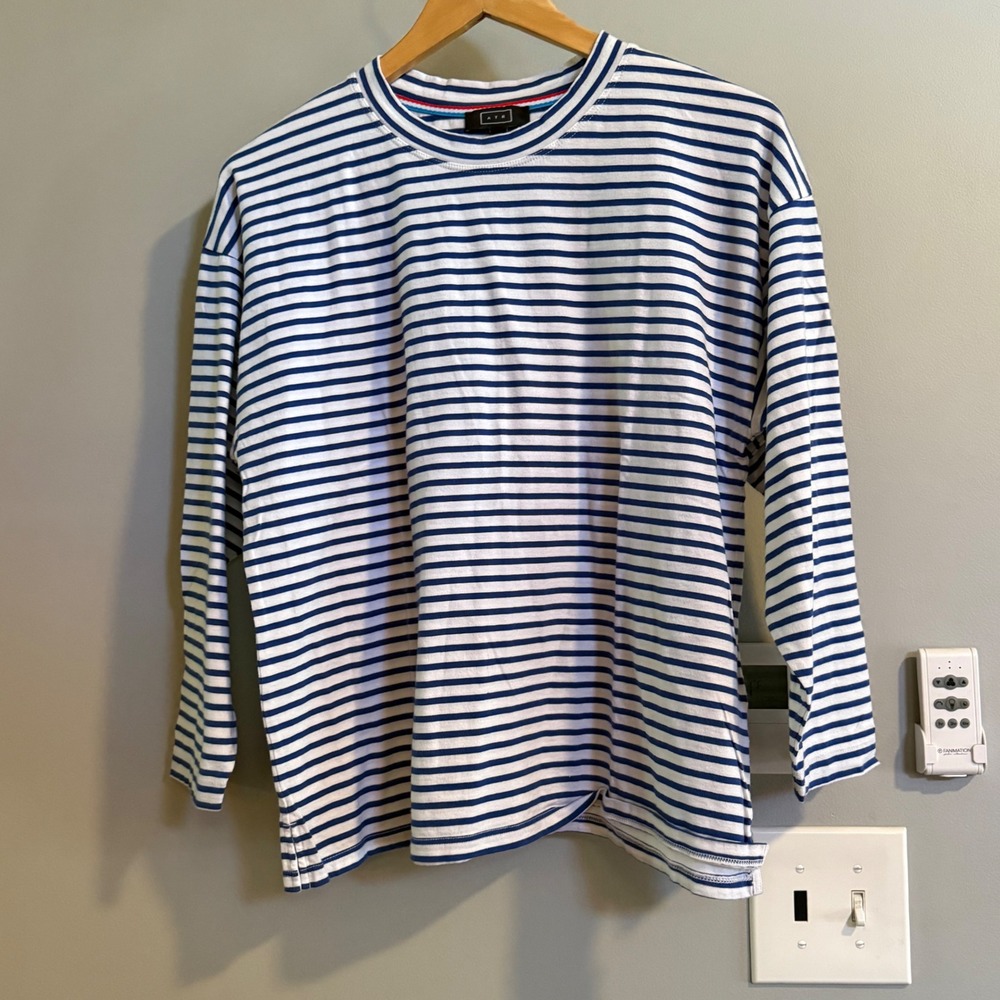 AYR The French Fry Tee Womens Medium Blue White Striped Pima Cotton Long Sleeve